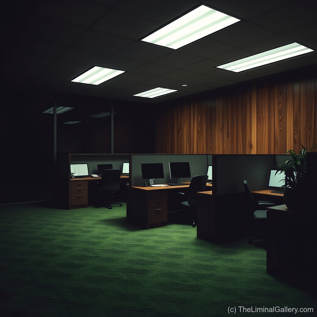 A hauntingly abandoned office bathed in surreal lighting, evoking stillness, nostalgia, and the passage of time.